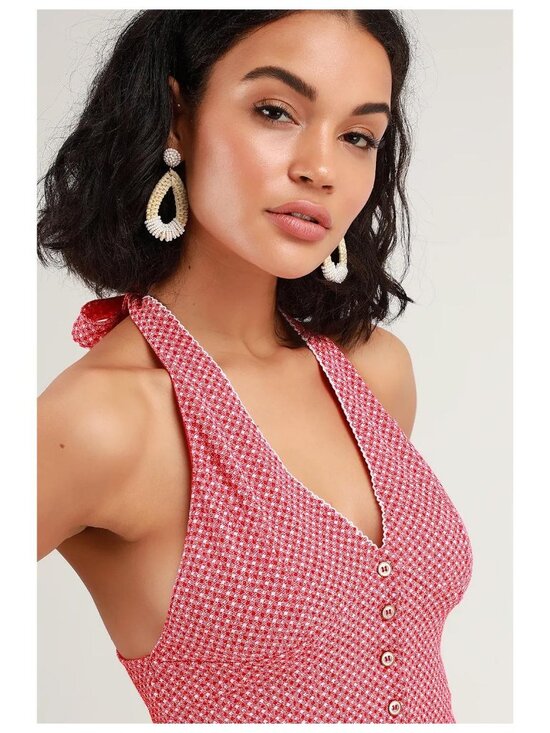 Free People Picnic Print Halter Crop Top Spring Summer Crop Tank Blouse Shirt - Picture 3 of 10